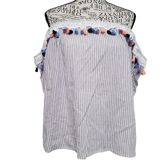 Listicle Top Tassle Fringe Off The Shoulder Brown White Stripe Relaxed Fit Large - Picture 2 of 9